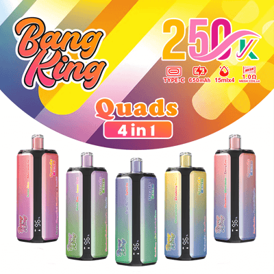 Vibrant Bang King banner advertising Quads 4in1, showing five rainbow-gradient vape devices arranged in a row.