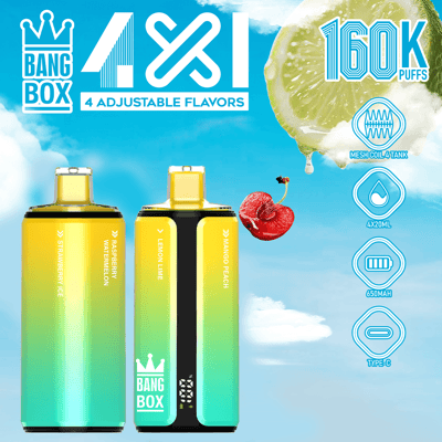 Dwa urządzenia do waporyzacji w gradientowych kolorach, o odcieniu od limonkowego do turkusowego, jedno z czarnym panelem bocznym; Etykiety wskazują smaki i logo w kształcie korony “BANG BOX”, ustawione na tle jasnego błękitnego nieba z pokrojoną w plasterki limonką i pływającymi ikonami po prawej stronie.