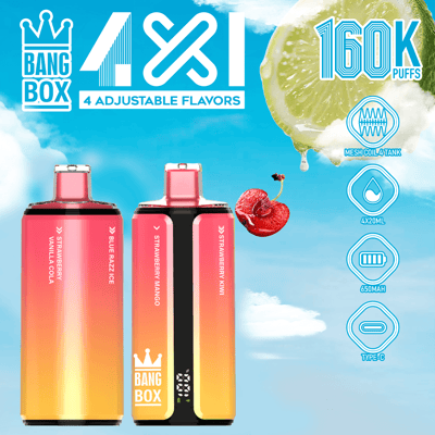 Tło jasnego błękitnego nieba z dwoma modami vape o gradiencie od różowego do pomarańczowego, oznaczonymi jako Bang Box, czterema regulowanymi smakami i owocowymi obrazami, w tym plasterkiem limonki i wiśniami. Neonowe ikony po prawej stronie wskazują cewkę siatkową, 4x20ml, 650mAh i USB-C.