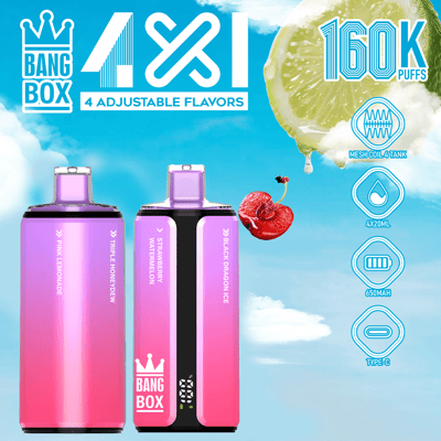 Tło jasnego błękitnego nieba z dwoma różowymi, gradientowymi kapsułkami do vape Bang Box, jedna oznaczona Pink Lemonade i Triple Honeydew, a także smaki Strawberry Watermelon i Black Dragon Ice; duże logo "4 8 1" i tekst 160K Puffs, ikony cewki siatkowej, 4x20ml, 650mAh, Type-C i plasterek cytryny w prawym górnym rogu.