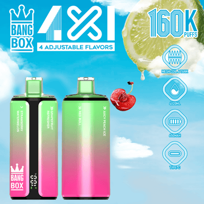 Dwie żywe kapsuły vape z gradientem od zielonego do różowego, oznaczone Bang Box, wraz z ikonami zaciągnięć 160 tys., cewką siatkową, 4 x 20 ml, 650 mAh i typem C, ustawione na tle błękitnego nieba z plasterkiem limonki i wiśniami.