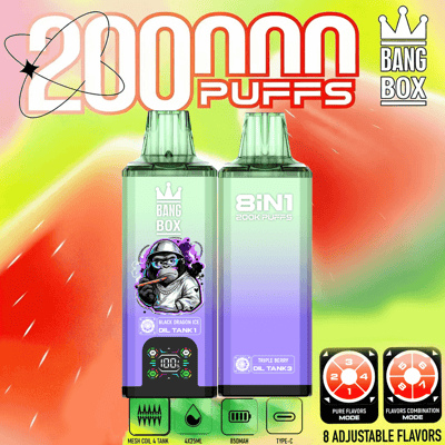 Due dispositivi di vaporizzazione su uno sfondo colorato sfumato con il testo “2000 PUFFS”, bottiglia a sinistra con grafica dell'etichetta e tappo, bottiglia a destra con etichetta 8 in 1 200K PUFFS, con etichette degli aromi e icone del quadrante degli aromi regolabili in basso a destra.