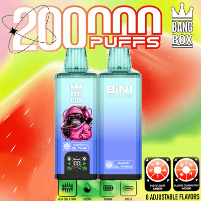Confezione di prodotti per vaporizzazione dai colori vivaci, contenente due flaconi Bang Box 8IN1 etichettati Blueberry Ice e Raspberry Oil Tanks, con 8 icone di gusti regolabili e un'etichetta 2000 Puff su uno sfondo sfumato.