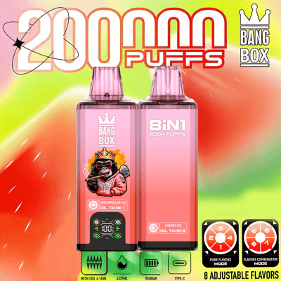 Due vaporizzatori rosa etichettati Bang Box con una scimmia cartone animato in abiti regali sul pod sinistro, su uno sfondo colorato sfumato con un grande testo "2000 PUFFS" e icone aggiuntive del dispositivo.