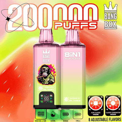 Due dispositivi di vaporizzazione rosa etichettati Bang Box 8IN1 Puffs, con uno sfondo colorato sfumato e il testo 2000 Puffs;, le caratteristiche includono un adesivo con una scimmia cartone animato e icone delle modalità di sapore regolabili in basso a destra.
