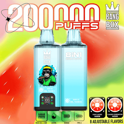 Due serbatoi blu per vape pod etichettati Bang Box e sbuffi 8IN1 2000, con uno sfondo sfumato colorato e due baccelli aromatizzanti in basso, oltre alle icone della modalità aroma sulla destra.