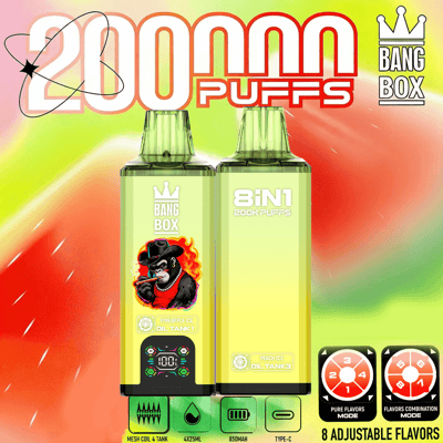 Due dispositivi di vaporizzazione verdi etichettati Bang Box con uno sfondo sfumato colorato e il testo in grassetto “2000 PUFFS”; un dispositivo presenta una grafica di un gorilla fiammeggiante ed etichette di sapore, con due piccoli quadranti che mostrano 8 gusti regolabili sulla destra.