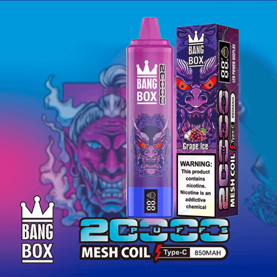 Purple Bang Box Vape-Gerät und Box mit Dämonen-Motiv, Grape Ice-Geschmack, Nikotinwarnung, 850-mAh-Typ-C-Mesh-Spule.