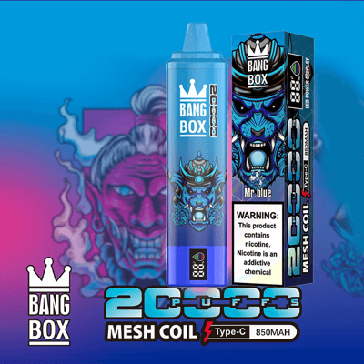 Bang Box Vape-Kit mit blauer Flasche und Monstergesicht auf der Box, Nikotinwarnung und Mesh Coil Typ-C 850 mAh