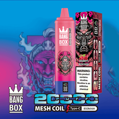 Bang Box Vape-Display mit einer rosa Flasche und einer Box mit Gorilla-Motiv, Etikett mit Himbeer-Wassermelonen-Geschmack und blauem Hintergrund.