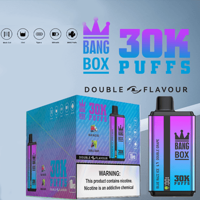 Jednorazowy waporyzator Bang Box 30K Puffs z fioletowym urządzeniem gradientowym obok niebieskiego pudełka oznaczonego Double Flavour.