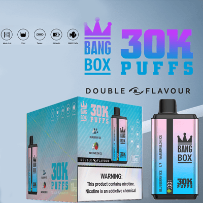 Zestaw do waporyzacji Bang Box 30K Puffs z niebiesko-różową gradientową kapsułą i turkusowym opakowaniem, brandingiem Double Flavour i ostrzeżeniem o nikotynie