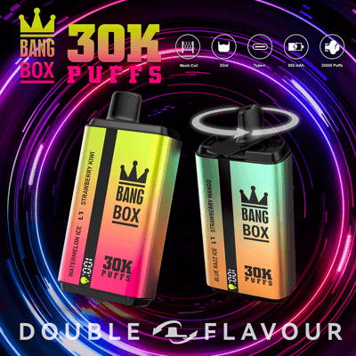 Due vaporizzatori usa e getta Bang Box 30K Puff in colori sfumati al neon, su uno sfondo vorticoso al neon.