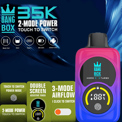 Pink-to-purple Bang Box vape with a black display and crown logo, showcasing 35K 2-mode power and touch-to-switch feature.