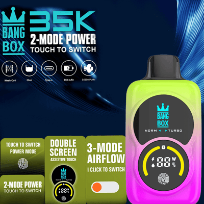 Bang Box vape with a neon gradient body and circular display, promoted as 2-mode power and 3-mode airflow with touch-to-switch.