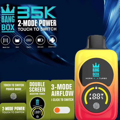 Bright yellow Bang Box vape with crown logo and circular display, shown with icons and green cards for touch-to-switch and 3-mode airflow.