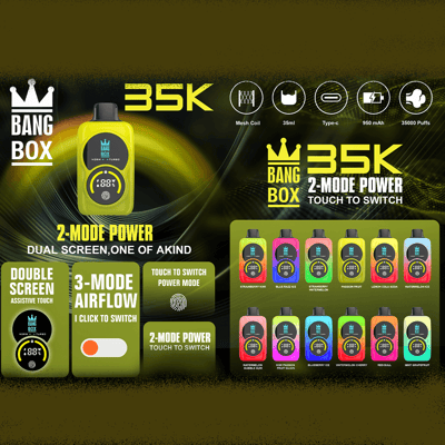 Promo di vaporizzazione Bang Box 3.5K con un dispositivo portatile giallo, alimentazione a due modalità, icone di funzionalità e una griglia di capsule aromatiche.