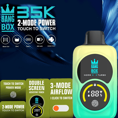 Bang Box vape device with a gray mouthpiece and neon yellow-green body, featuring a round display, shown with promotional graphics.