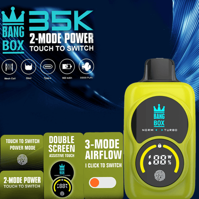 Bright yellow Bang Box vape mod with black circular display and crown logo, shown on a blue promotional background with 3-mode power and airflow icons.