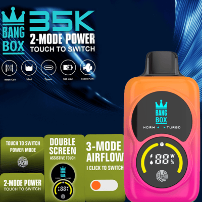 Pink Bang Box vape mod with crown logo and round display; promotional panels highlight 2-mode power and 3-mode airflow.