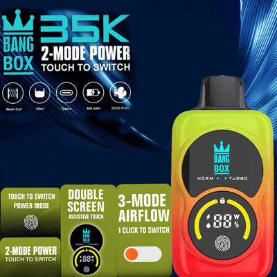 Bang Box vape device in a yellow-orange gradient with crown logo, large display, and feature cards for 2-mode power and 3-mode airflow.