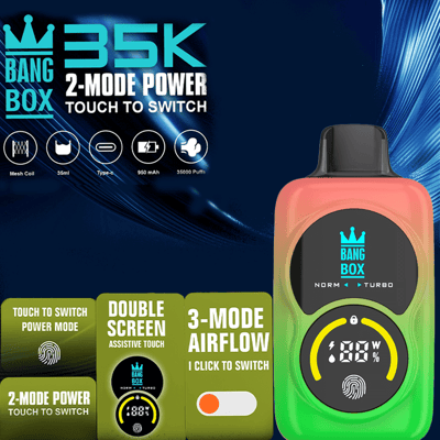 Bang Box 35K vape with a rainbow gradient body, 2-mode power, touch-to-switch, and a circular display gauge.