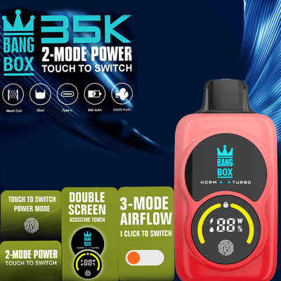 Promotional banner for Bang Box 35K two-mode power vape; pink handheld mod with circular display.