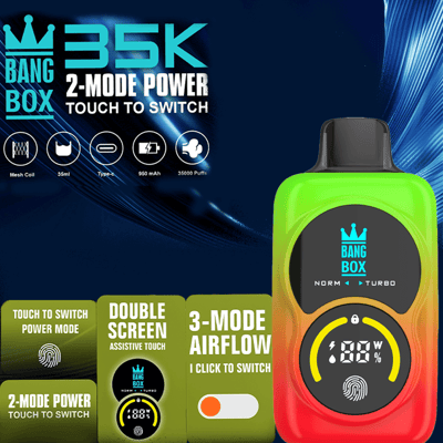 Green Bang Box vape with black circular display and gradient body, 35K 2-mode power, on a blue promotional backdrop.