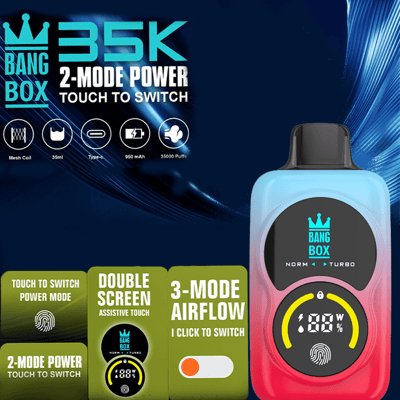 Bang Box 3.5K two-mode power vape with touch-to-switch, gradient pink-to-blue body, black mouthpiece, and circular display.