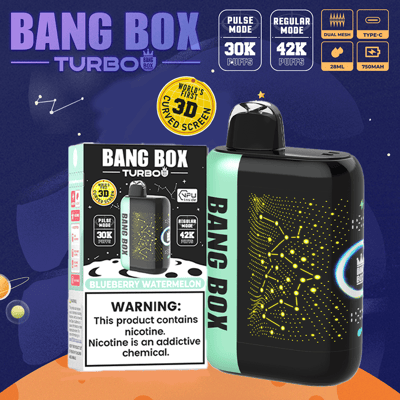 Bang Box Turbo vape kit in black and teal with blueberry watermelon flavor, shown beside its box and a nicotine warning.