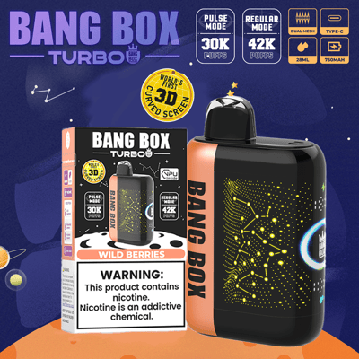 Bright purple and blue product packaging for "Bang Box Turbo" featuring a black cylindrical vape device with orange side panel, a box labeled Wild Berries, and a yellow “3D curved screen” badge, set against a space-themed background with icons and mode indicators.