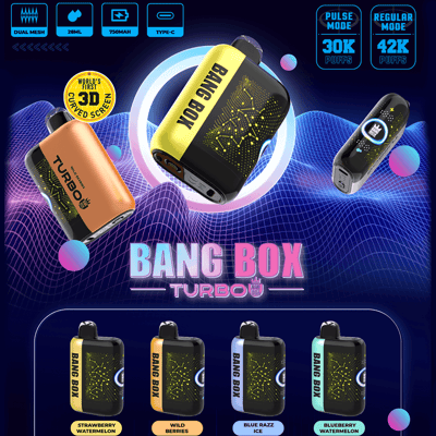 Annuncio di vaporizzazione usa e getta Neon Bang Box Turbo con schermo 3D curvo, che mostra dispositivi colorati e sapori come l'anguria alla fragola.