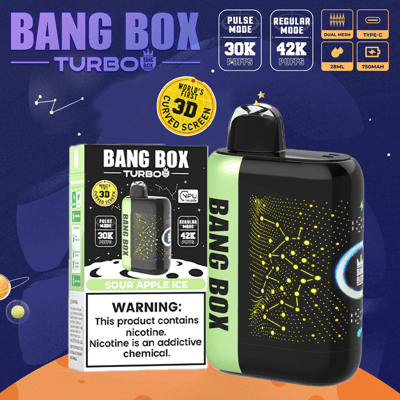 Bang Box Turbo sour apple ice vape device with its box, showing 30K and 42K puff modes.