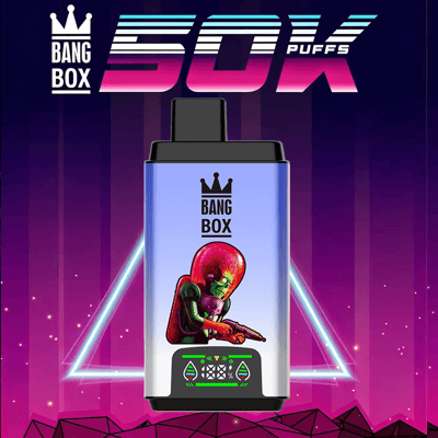 Dispositivo di vaporizzazione Bang Box con logo corona, corpo viola, grafica aliena rossa, display digitale, su sfondo retrò