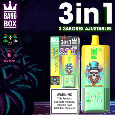 Opakowanie vape 3w1 Bang Box z cytrynowym smakiem coli, żółtą butelką, neonowymi zielonymi akcentami i etykietą ostrzegającą o uzależnieniu od nikotyny.