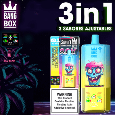 Jednorazowy waporyzator 3 w 1 Bang Box o smaku ananasowo-kokosowym, niebiesko-żółta butelka z gradientem i odważne opakowanie z kreskówkową czaszką, tropikalnym tłem i ostrzeżeniem o nikotynie.