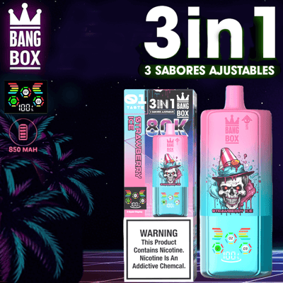 Duże fioletowo-niebieskie opakowanie do waporyzacji z grafiką czaszki, różowa butelka z etykietą Bang Box 3w1 Strawberry Ice, pudełko obok, tropikalne liście po lewej stronie, tekst “3w1” u góry i ostrzeżenie o nikotynie u dołu.