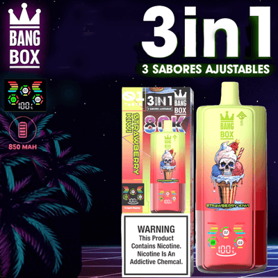 Jasnoróżowa, gradientowa butelka do vape z grafiką przedstawiającą lody w czaszce, pudełkowe opakowanie obok, pogrubiony tekst “3 w 1” i “3 Sabores Ajustables”, branding Bang Box i tło tropikalnej palmy.