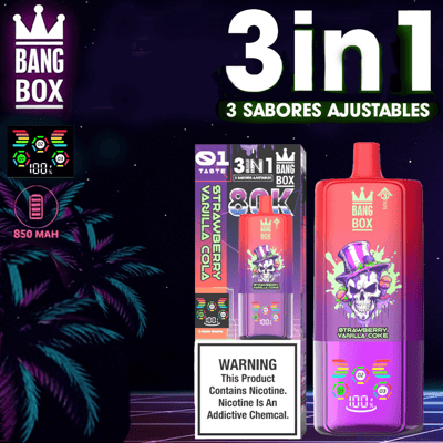 Trzy w jednym 3-smakowy regulowany waporyzator Bang Box, truskawkowo-waniliowy coks, przedstawia kolorową butelkę i opakowanie z etykietą ostrzegawczą dotyczącą produktu nikotynowego.