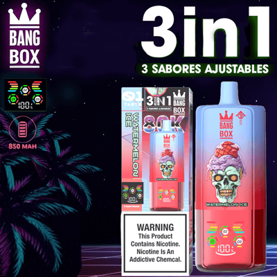 Ekspozytor produktów do waporyzacji Bang Box "trzy w jednym" z lodem arbuzowym i etykietą ostrzegawczą; zawiera duży tekst „3 w 1”, grafikę z czaszką i niebieską butelkę.