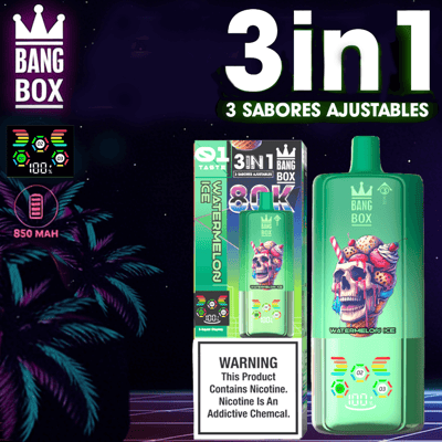 Zestaw e-liquidu Bang Box 3w1 z zieloną butelką z grafiką w kształcie czaszki i lodów, pojemność 850 mAh, etykieta ostrzegawcza zawiera nikotynę.