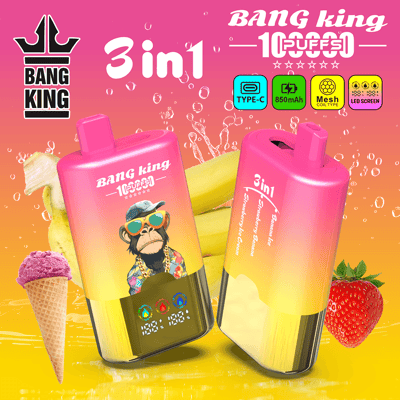 Sfondo sfumato rosa brillante e arancione con due flaconi rosa per vaporizzatore 3 in 1, un'illustrazione di una scimmia che indossa occhiali da sole, un cono gelato e un marchio fragola; che dice BANG king e 3in1.