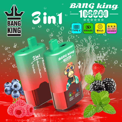 Buste per succhi Bang King 3in1 verde brillante e rosso con grafica di frutta, lamponi, mirtilli, more e foglie di menta, su uno sfondo con spruzzi d'acqua.