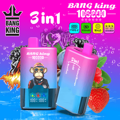 Set di bottiglie con sfumatura viola-rosa brillante con mascotte scimmia, due bottiglie 3 in 1, immagini di frutta (fragole, bacche), effetti splash e marchio “Bang king” con testo in grassetto e colorato.