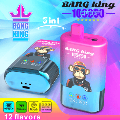 Bright gradient packaging shows a pink and blue electronic device with a monkey illustration, branding Bang King 1000 Puff, 3in1, and 12 flavors; includes a small blue pod and a black/blue device with a cartoon monkey.