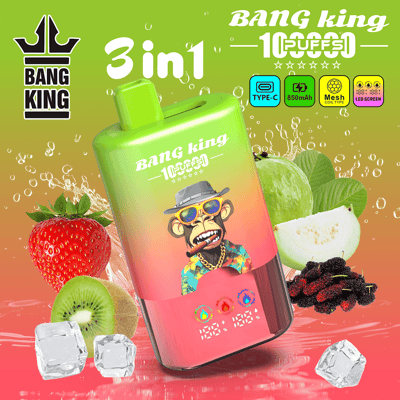 Bottiglia per bevande 3 in 1 Bang King verde brillante e rosa con una scimmia mascotte che indossa occhiali da sole e un cappello, sfondo di frutta colorato, cubetti di ghiaccio e fette di frutta.