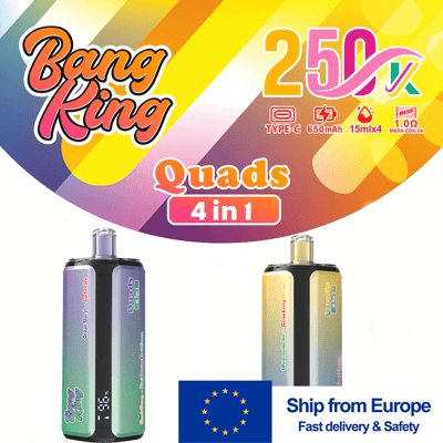 クワッド 4 in 1 Bang King 2500mAh VAPE キットのパッケージには、2 色のグラデーション デバイス、ヨーロッパの配送ラベル、カラフルな背景が含まれています。.