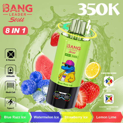 A bright green Bang Stoll 8 in 1 bottle with fruit illustrations (strawberries, watermelon, lemon, blueberries) and the text “350K,” plus flavor labels Blue Razz Ice, Watermelon Ice, Strawberry Ice, Lemon Lime along the bottom.