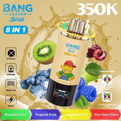 Bold yellow-tan vape bottle with blue BANG Leader Stoll logo, surrounded by fruits (kiwi, blueberries, cherries) and colorful flavor labels (Blueberry Ice, Tropical Fruit, Apple Kiwi Ice, Blue Razz Cherry); large "350K" text in top right, 8 in 1 feature, and flavor icons along left.