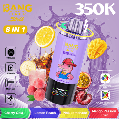 Bright purple bottle labeled Bang Leader Stoll 8 in 1 350K with cartoon crocodile, surrounded by lemon slices, mango, cherries, and peach ice; features 8 flavors and vibrant splash background.